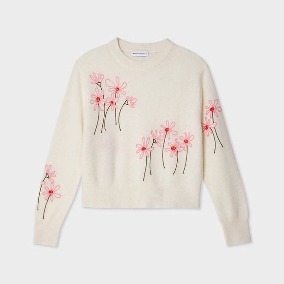 White + Warren Floral Cashmere Embroidered Crewneck Tee In Soft White New Small